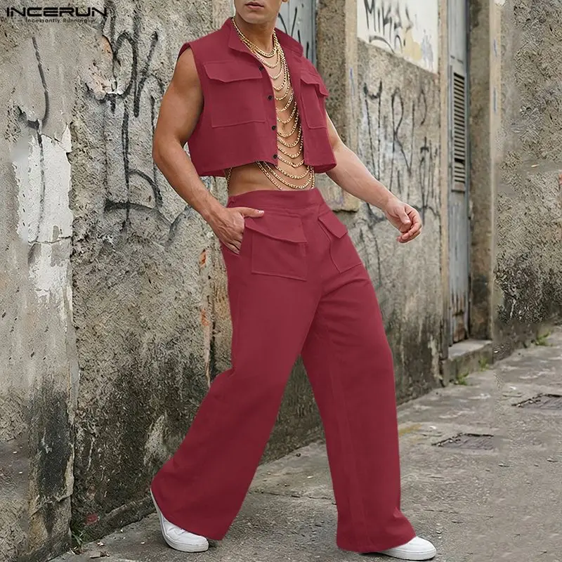Street Fashion For Man - INCERUN Erkek Setleri Katı Kolsuz Kırpma