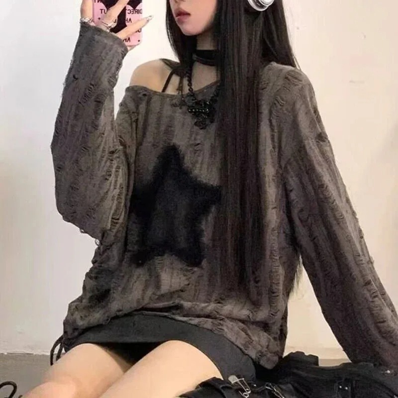 Street Fashion Kpop - Y2K Delikli Yıldız Baskılı Tişört Kadın